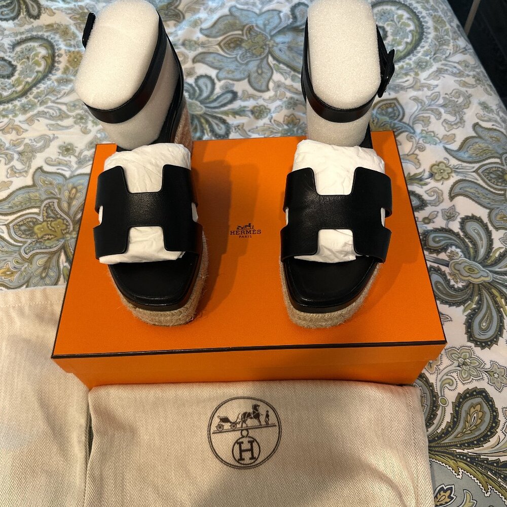 Black Leather Hermes Sandals with wicker wedge heel, size 38